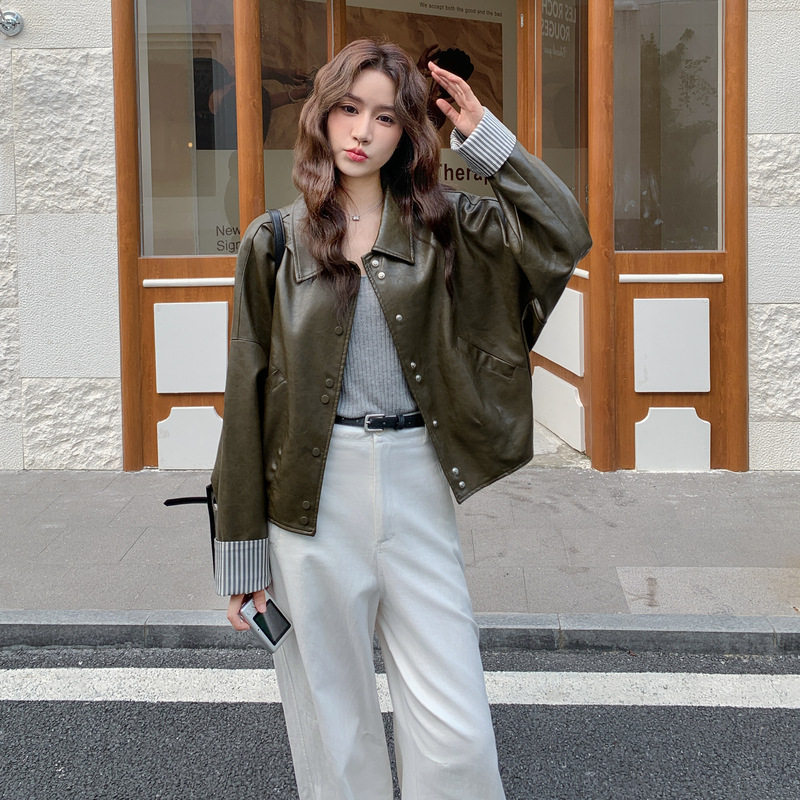 实拍绿色复古条纹拼接PU皮衣外套2025秋款小个子时尚炸街机车