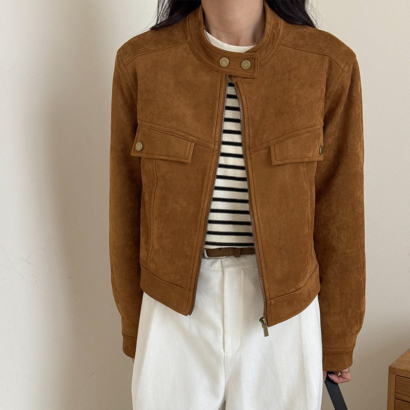 [本初]小个子美式复古麂皮绒外套女24秋冬季宽松短款羽绒夹克上衣