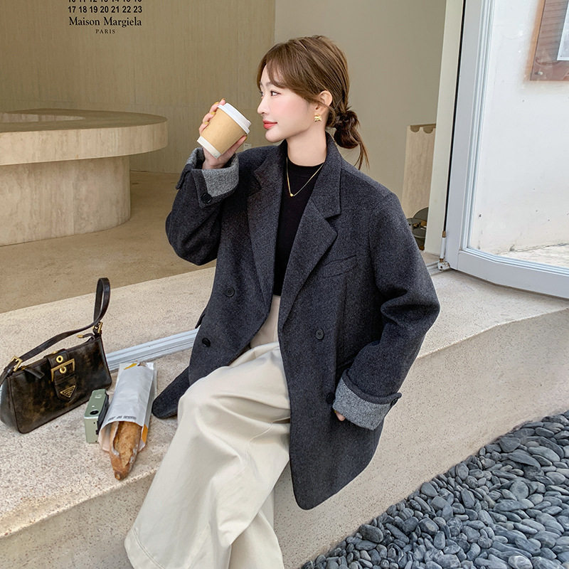 灰色高级感西服毛呢外套女2025冬新款气质90羽绒内胆西装呢子大衣