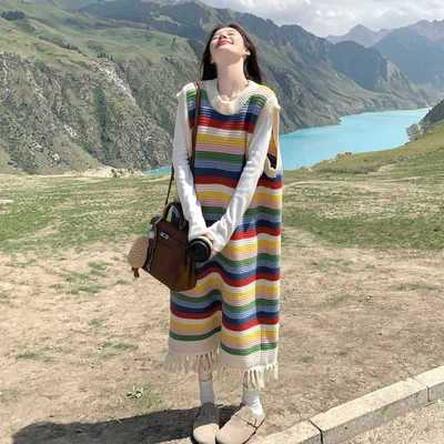 多巴胺彩虹条纹流苏少女感连衣裙女2025秋季新款度假风针织背心