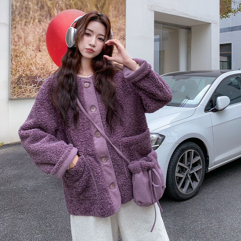 实拍紫色韩系颗粒绒羊羔毛外套2025新款小个子温柔甜美棉服上衣
