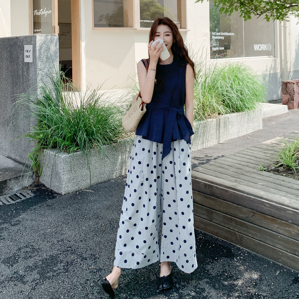 法式复古松弛感背心套装女夏季2025新款无袖上衣波点阔腿裤
