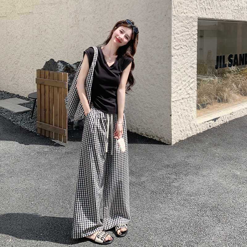 韩系慵懒风休闲T恤套装女2025夏小个子宽松显瘦格纹阔腿裤两件套