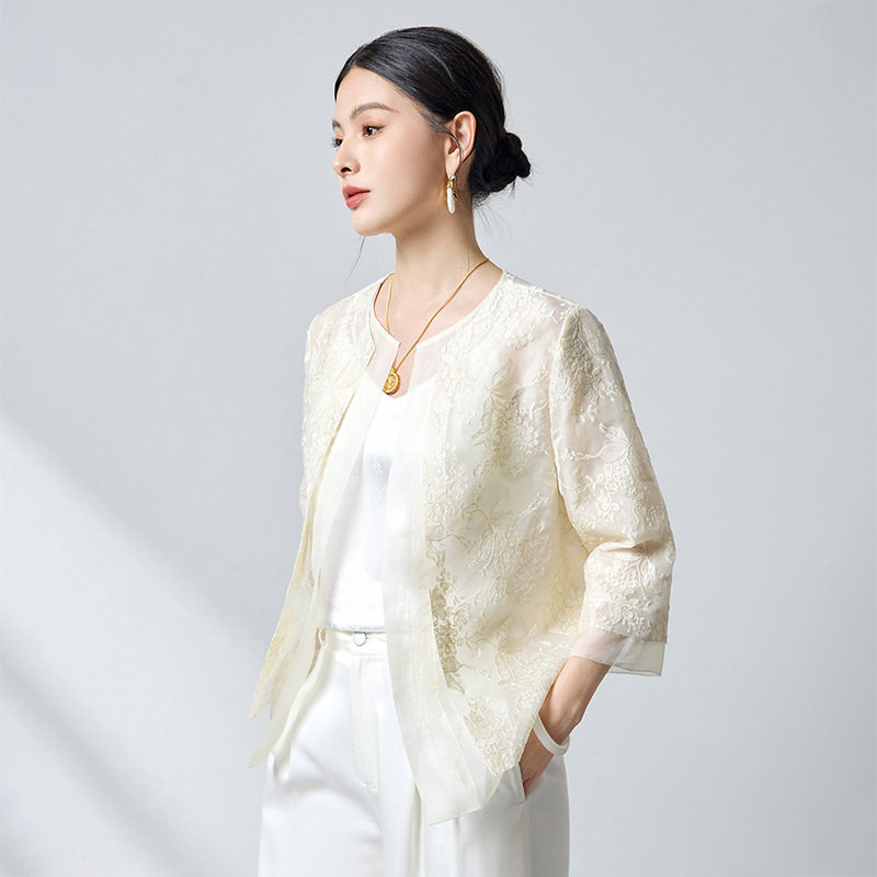 新中式绣花印花刺绣蕾丝拼接桑蚕丝真丝开衫女2026夏季新款设计感