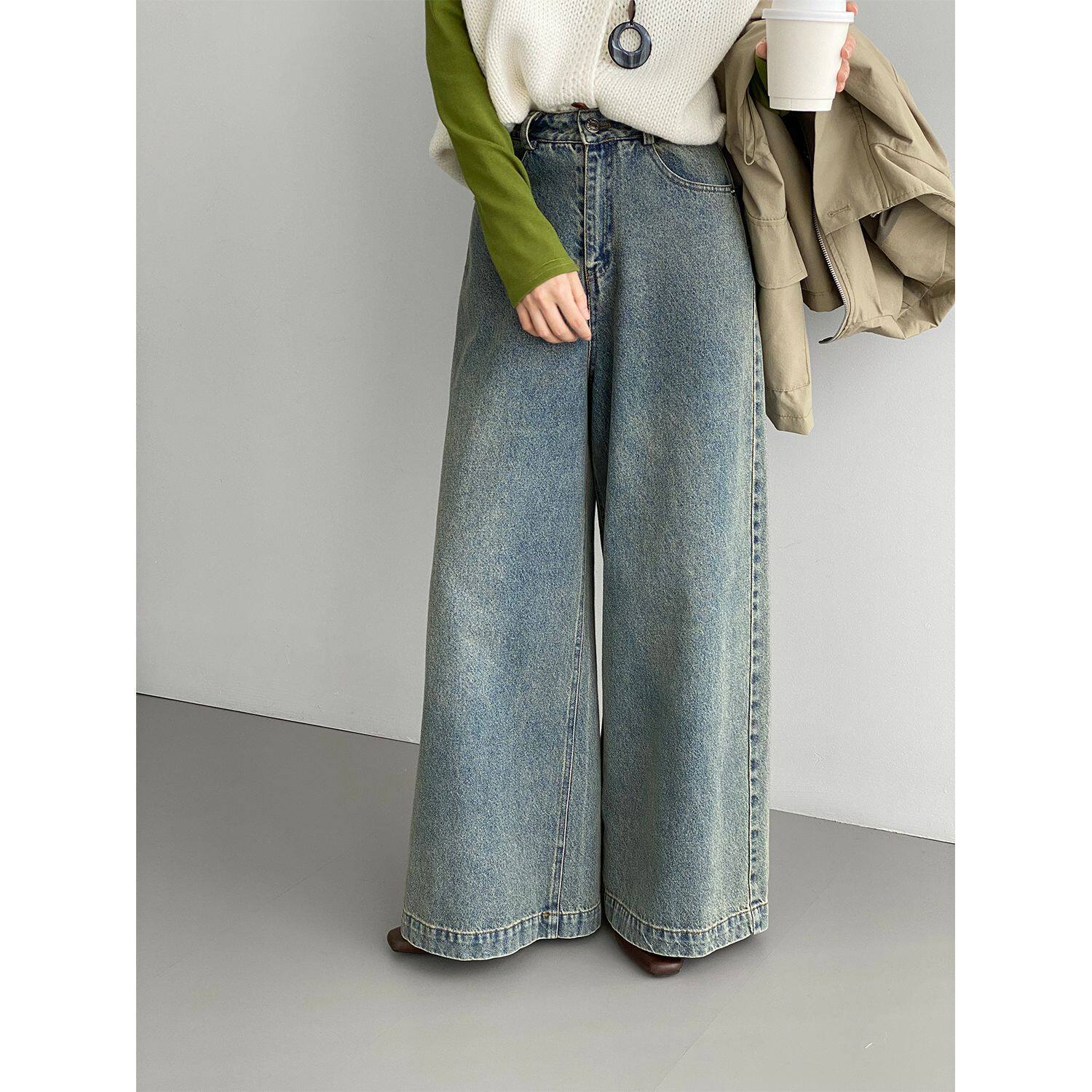 那末 定染色 韩系复古ju百搭水洗牛仔裤女高腰休闲直筒阔腿裤6200