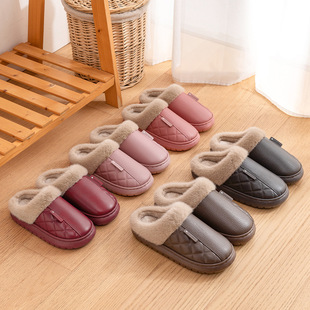 室内家居情侣厚底防滑防水棉拖女款 皮面棉拖鞋 2025新款 秋冬季 男士