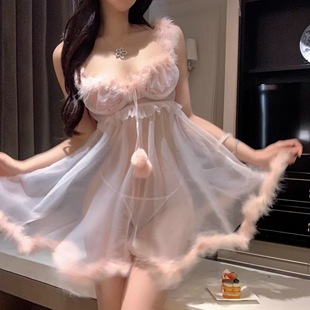 春野山奈qq内衣性感睡衣纯欲透视带毛毛边钢圈睡裙小胸聚拢套装