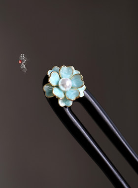 簪之韵【山野茶花】U型簪双钗黑檀木发簪盘发简约百搭古典长短发