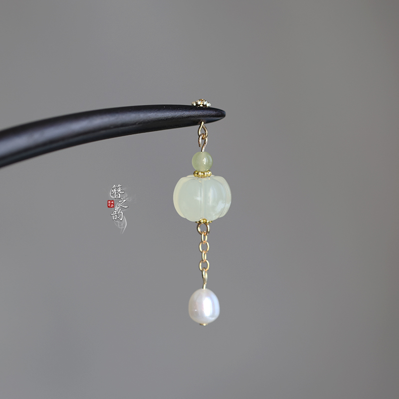 【常乐】天然釉玉南瓜吊坠淡水珍珠流苏黑檀木发簪子盘发女新中式