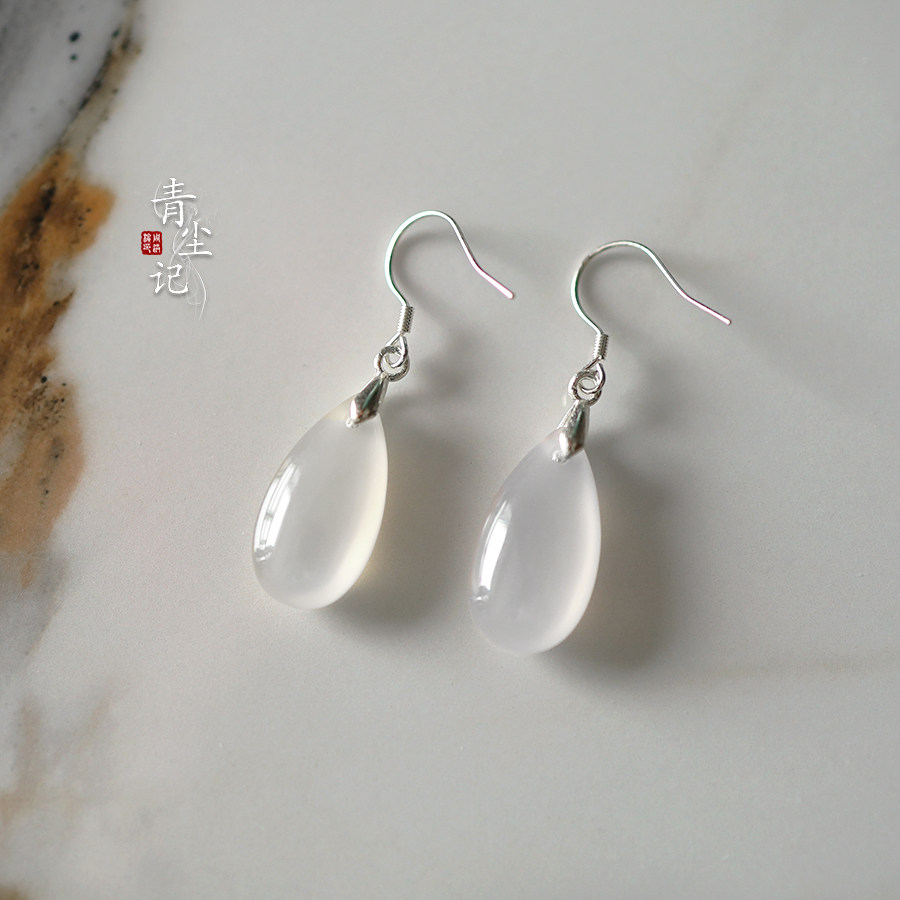 青尘记【轻尘】天然糯米玛瑙石水滴925银耳环钩简约百搭古风耳夹,饰品/流行首饰/时尚饰品新,耳环,淘宝优惠券,粉丝福利购,淘宝优惠卷