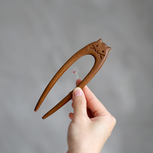 【弧猫】U型发簪发钗盘发簪子猫咪金丝檀木实木发饰可爱日常通勤