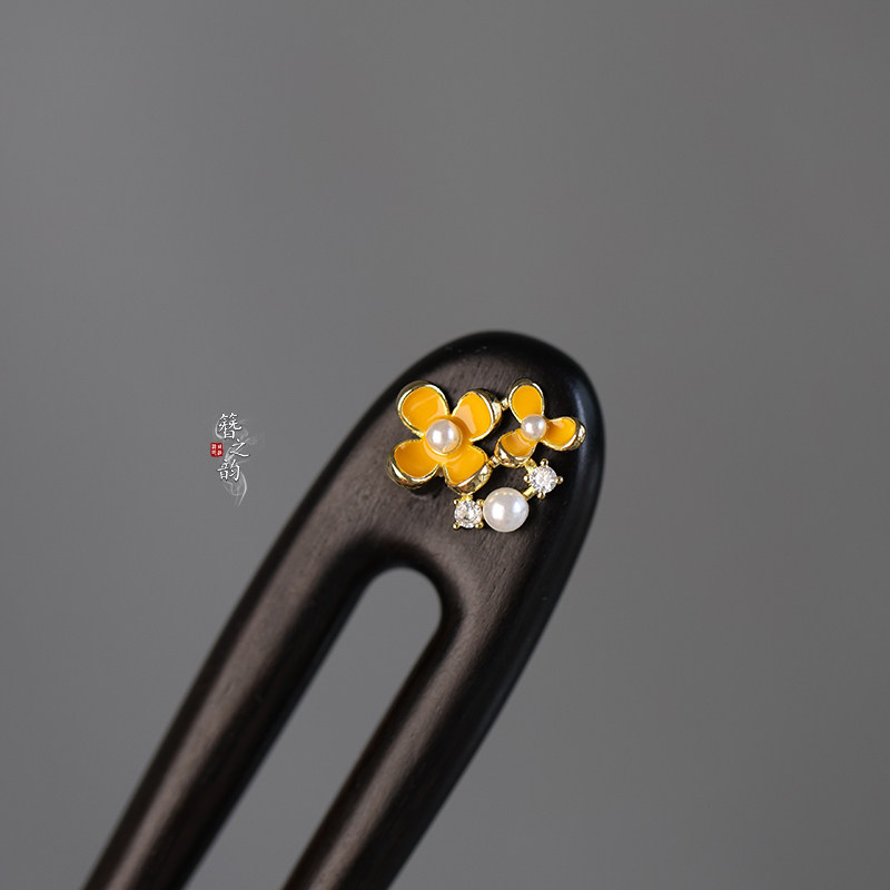 簪之韵【小金桂】珐琅彩桂花U型簪双钗双面设计古典风盘发简约款