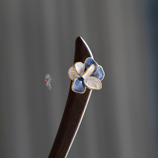 簪之韵【蓝蝶】15厘米短簪大叶紫檀木发簪子盘发古风珐琅彩简约款