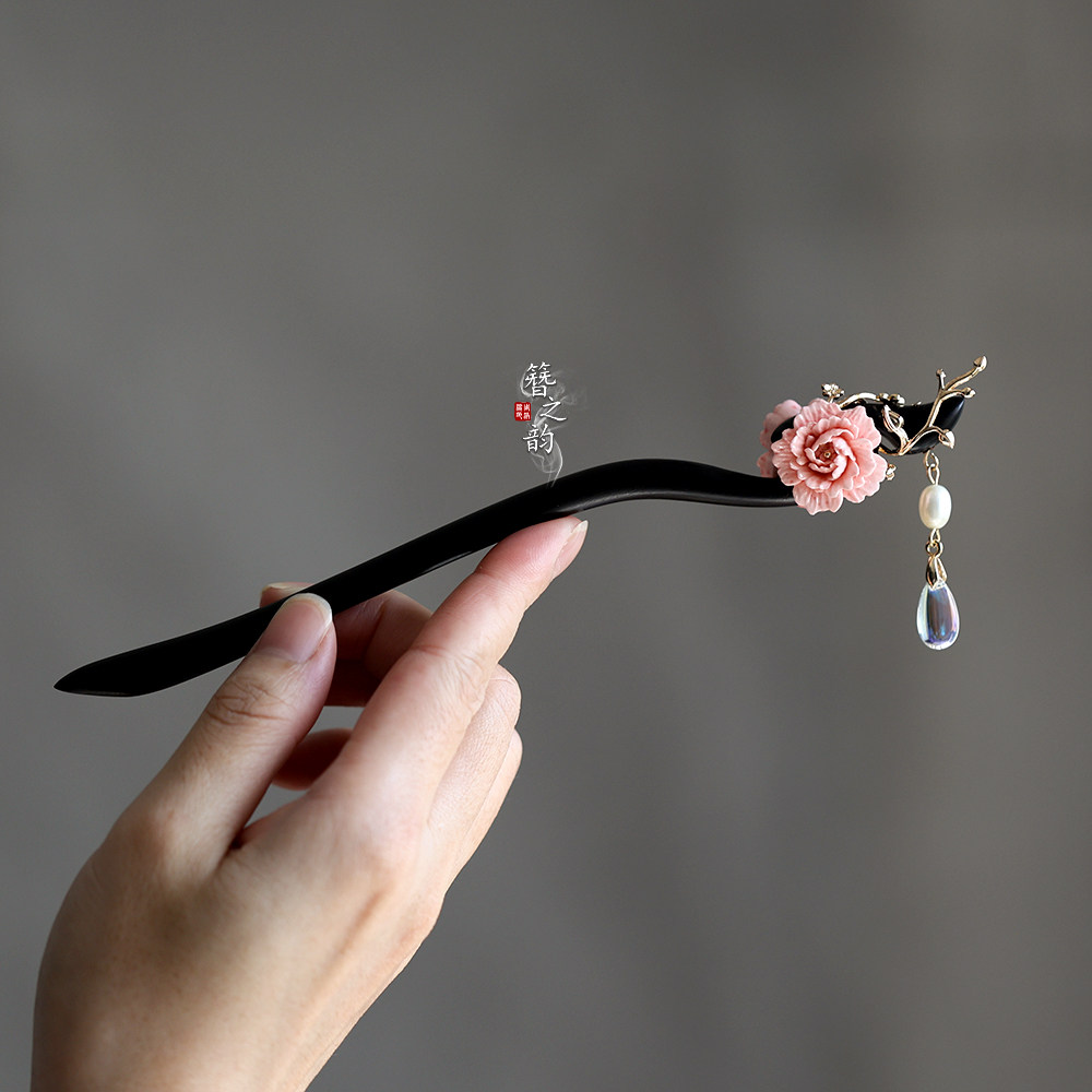 簪之韵【牡丹】古风流苏发簪子步摇檀木富贵花双面汉服发饰原创图片