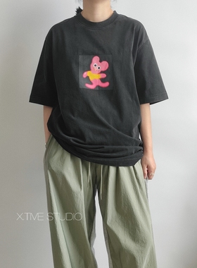 X.TIVE 水洗全棉短袖T恤套头圆领荧光粉印花中性帅气百搭复古街头