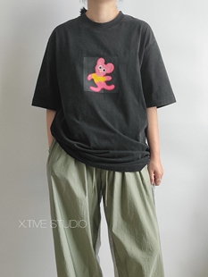 X.TIVE 水洗全棉短袖T恤套头圆领荧光粉印花中性帅气百搭复古街头