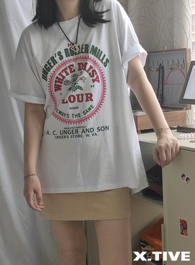 X.TIVE | Korea韩国进口复古印花字母短袖T恤宽松版大码白色街头