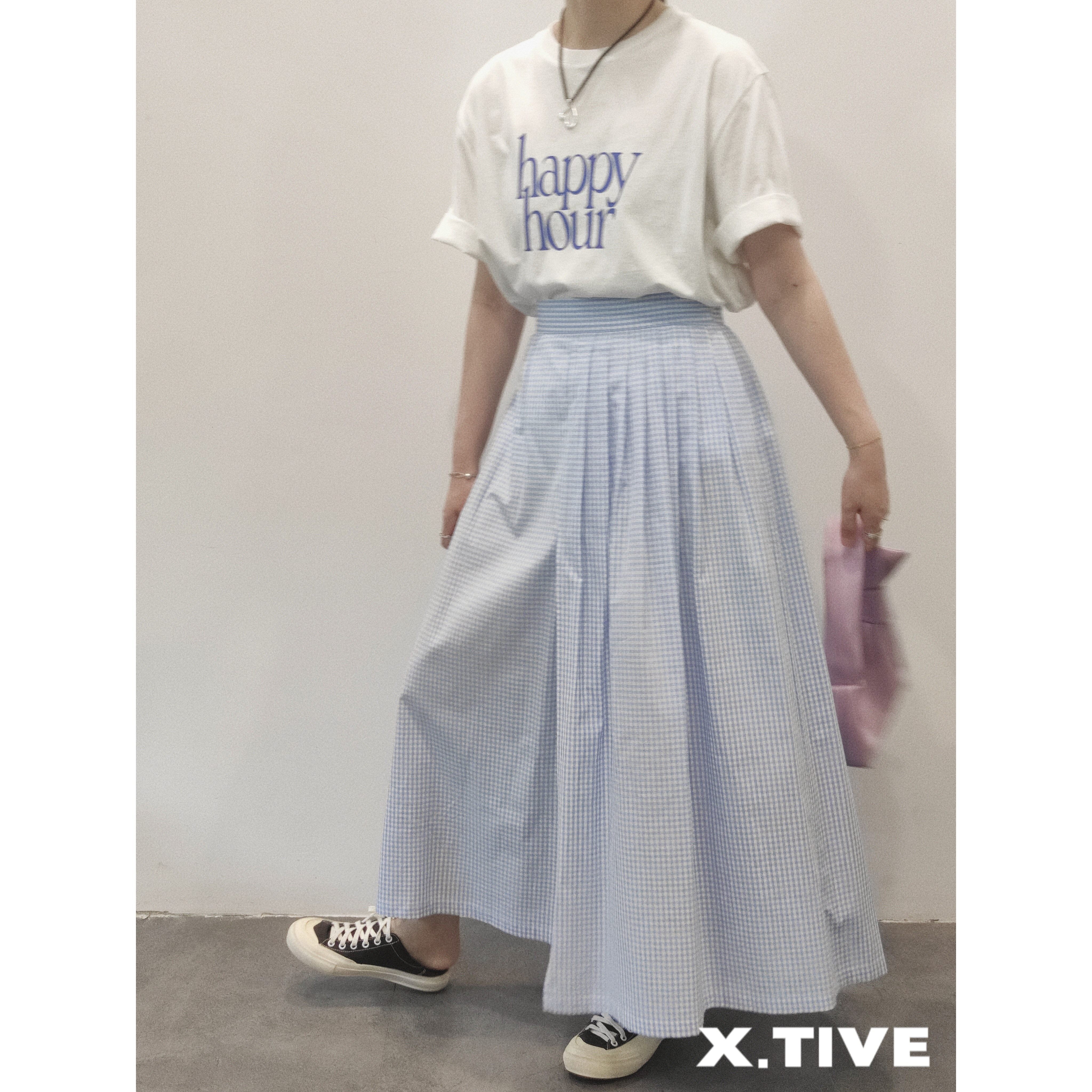 X.TIVE 清新自然蓝白小格纹前开衩设计长款半身裙休闲田园风 ins
