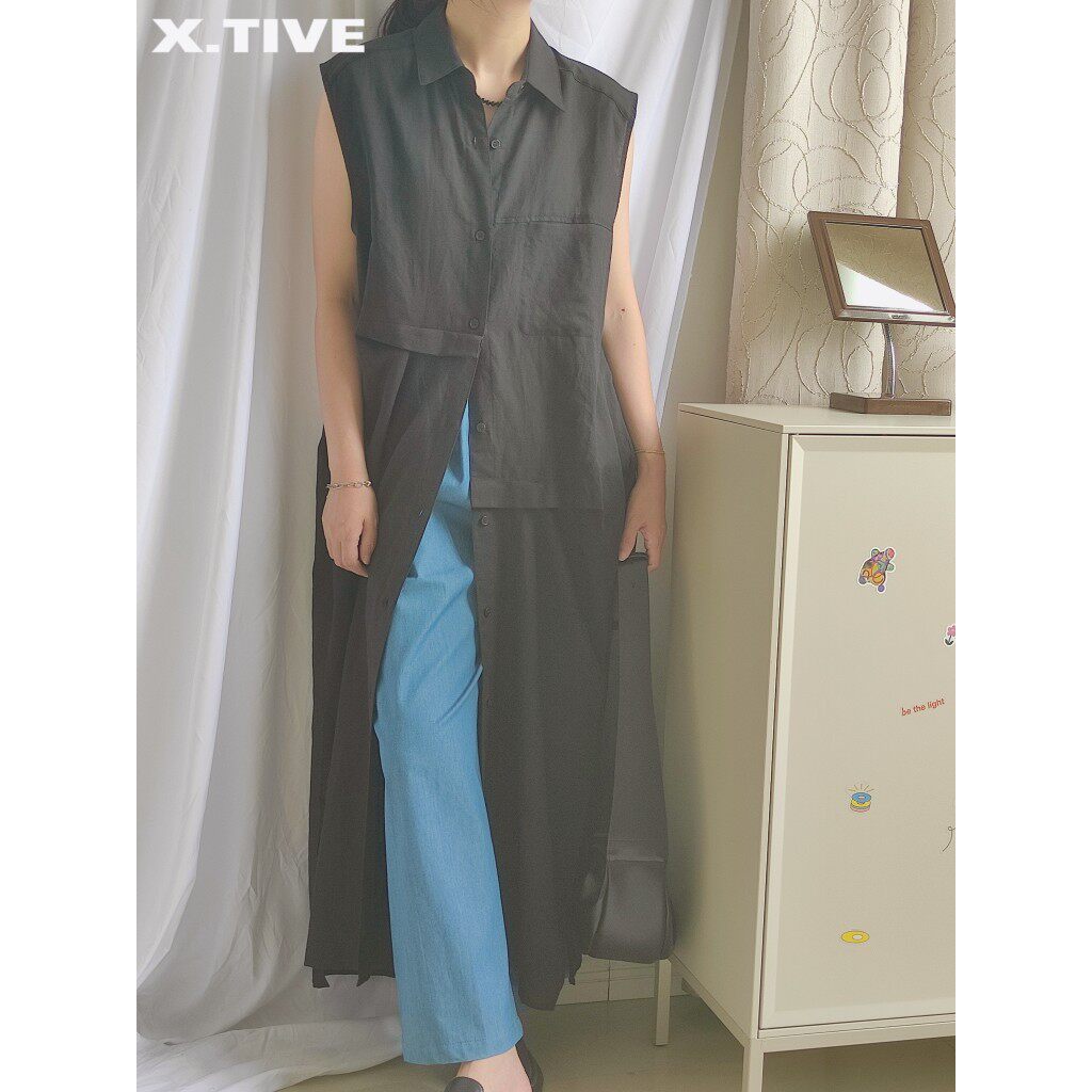 X.TIVE | Korea韩国进口女装无袖长款棉麻衬衫连衣裙下摆开衩休闲