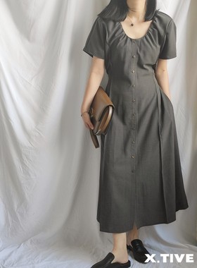 X.TIVE | Korea韩国进口U领西装料气质收腰系带连衣裙简约通勤OL