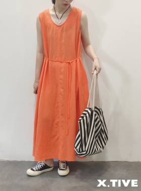 X.TIVE 韩国进口女装无袖棉麻长款系带连衣裙亮眼夏日橘色显白