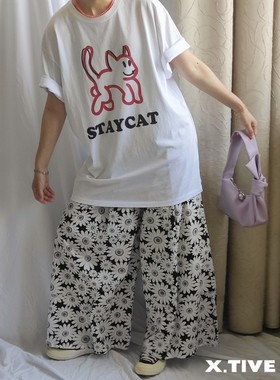 X.TIVE | Korea韩国进口简约呆猫印花中长大版短袖T恤宽松休闲版