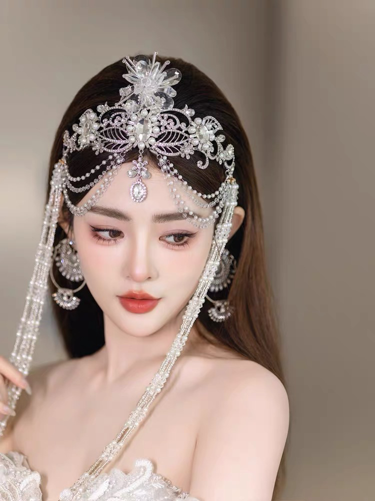 新娘头饰新款超仙水晶流苏发箍额链套装结婚礼服婚纱配饰品高级感