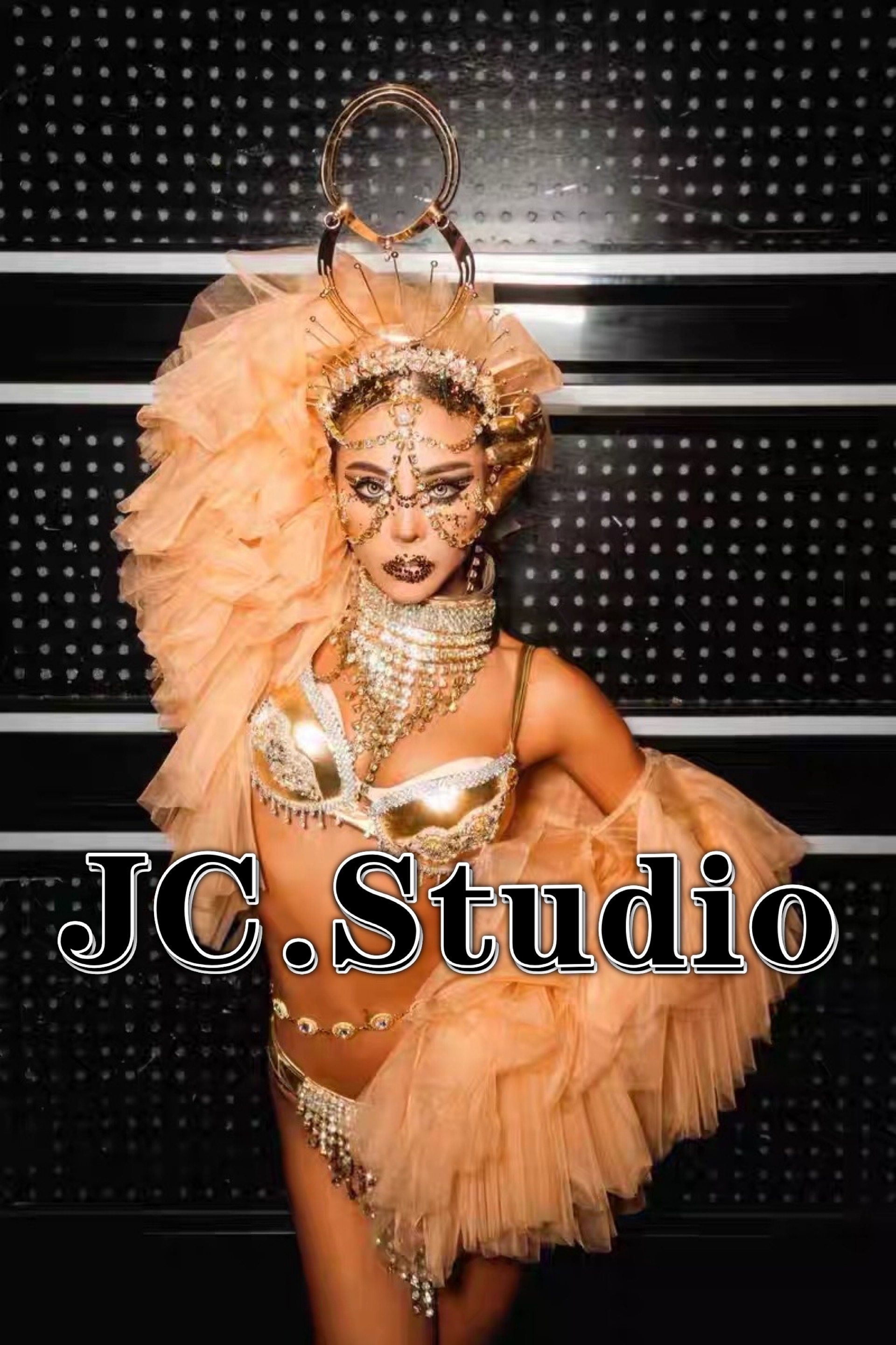 定制香槟色奢华重工羽毛头饰gogo演出服套装夜店酒吧gogo演出服