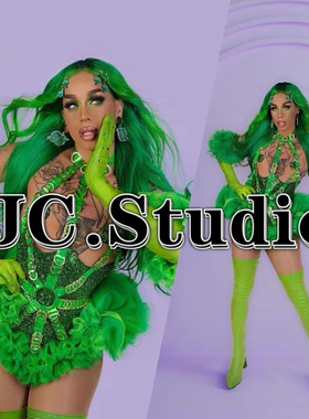 酒吧DS舞台GOGO森林绿色系列性感夸张蓬蓬袖外套炸场女演出服