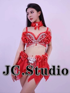 Gogo 性感红玫瑰性感分体蹦迪表演服装 肚皮舞演出服2024新款 套装