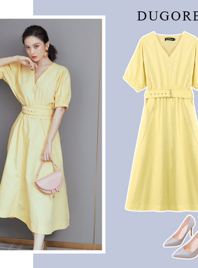 古力娜扎刘亦菲同款黄色桔梗法式小众复古收腰泡泡袖连衣裙中长款