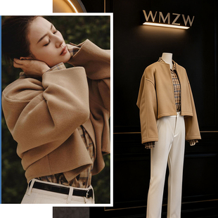 高圆圆明星同款驼色羊毛混纺廓形短款毛呢外套格子衬衫套装