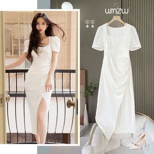 明星孟子义同款白色连衣裙法式方领气质泡泡袖party宴会开衩礼服