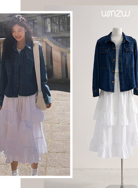 宁艺卓明星同款蓝色复古开衫牛仔外套新款荷叶边半身裙两件套