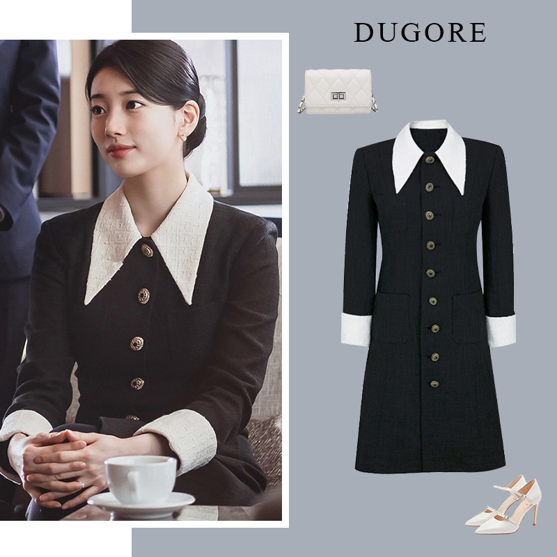 安娜裴秀智明星同款2022新款气质高级感黑色复古小香风连衣裙女秋