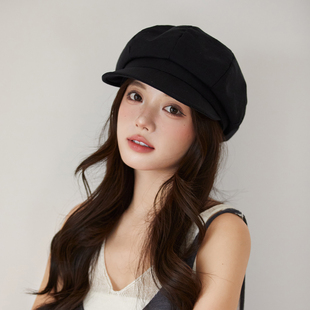 显瘦大帽顶纯色报童帽女生韩版文艺百搭八角帽薄款黑色宽檐贝雷帽