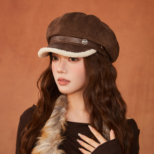 韩版麂皮绒八角帽冬季加厚保暖贝雷帽复古时髦报童帽显脸小画家帽