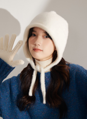乳白色兔毛堆堆帽女生洋气甜美绑带针织帽冬天防风护耳保暖雷锋帽
