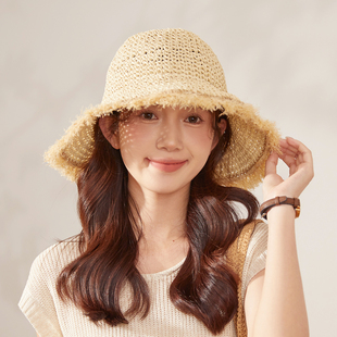 夏日度假風(fēng)毛邊草帽女大帽檐鏤空編織漁夫帽海邊百搭純色遮陽帽子