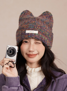 可爱猫耳朵针织帽子2025新款保暖毛线帽圆脸显脸小护耳紫色套头帽