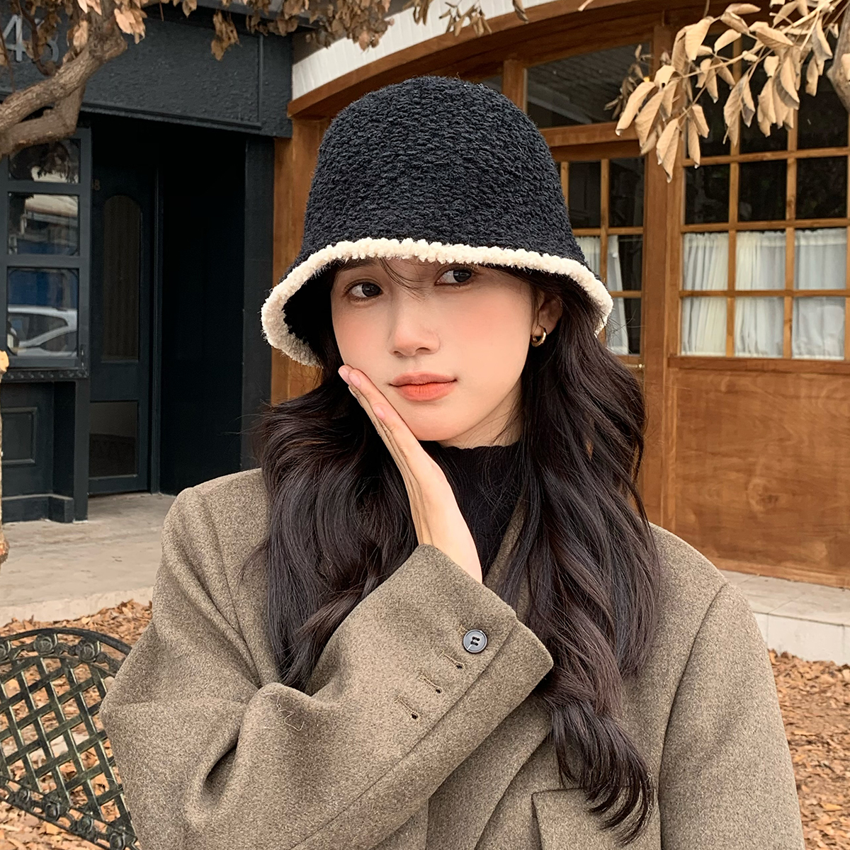 林小橘秋冬季小众时尚拼色渔夫帽