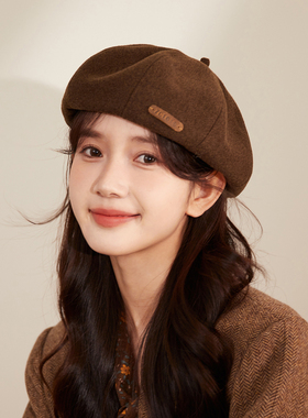 秋冬厚款毛呢贝雷帽女生纯色南瓜帽咖啡色文艺复古显脸小画家帽子