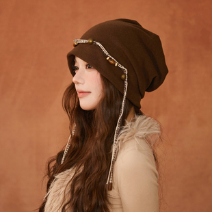 复古民族风咖啡色堆堆帽女生波西米亚串珠流苏套头帽小众时髦冷帽