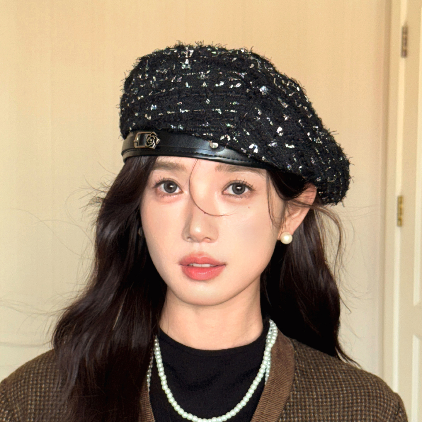 林小橘时髦亮片黑色蓓蕾帽报童帽