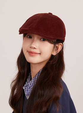 春季时髦复古前进帽女生安可拉红色灯芯绒鸭舌帽时尚英伦风报童帽