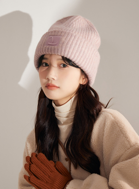 简约高级感针织帽女冬天加厚保暖毛线帽粉紫色百搭显脸小套头帽男