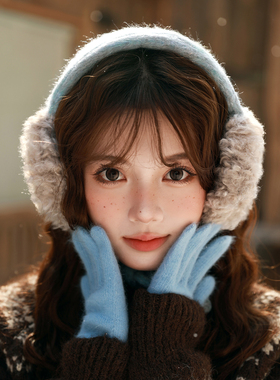 韩系高颜值蓝色耳罩冬季毛绒绒拼色软骨耳暖户外骑车保暖系带耳包