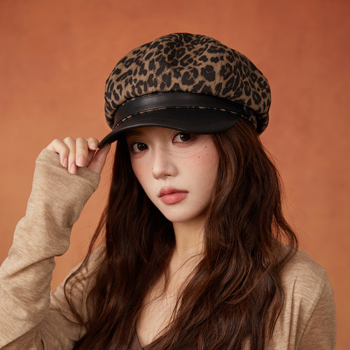林小橘时髦辣妹豹纹大帽顶八角帽