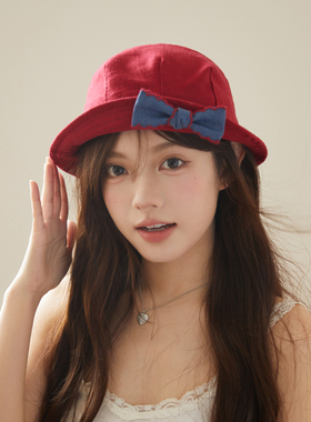 日系可爱小丸子渔夫帽女生甜美蝴蝶结小头围盆帽红色圆顶百搭帽子