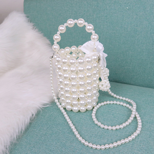 手工串珠珍珠包成品水桶包圆筒复古手提包圆形手机包mini斜跨女包